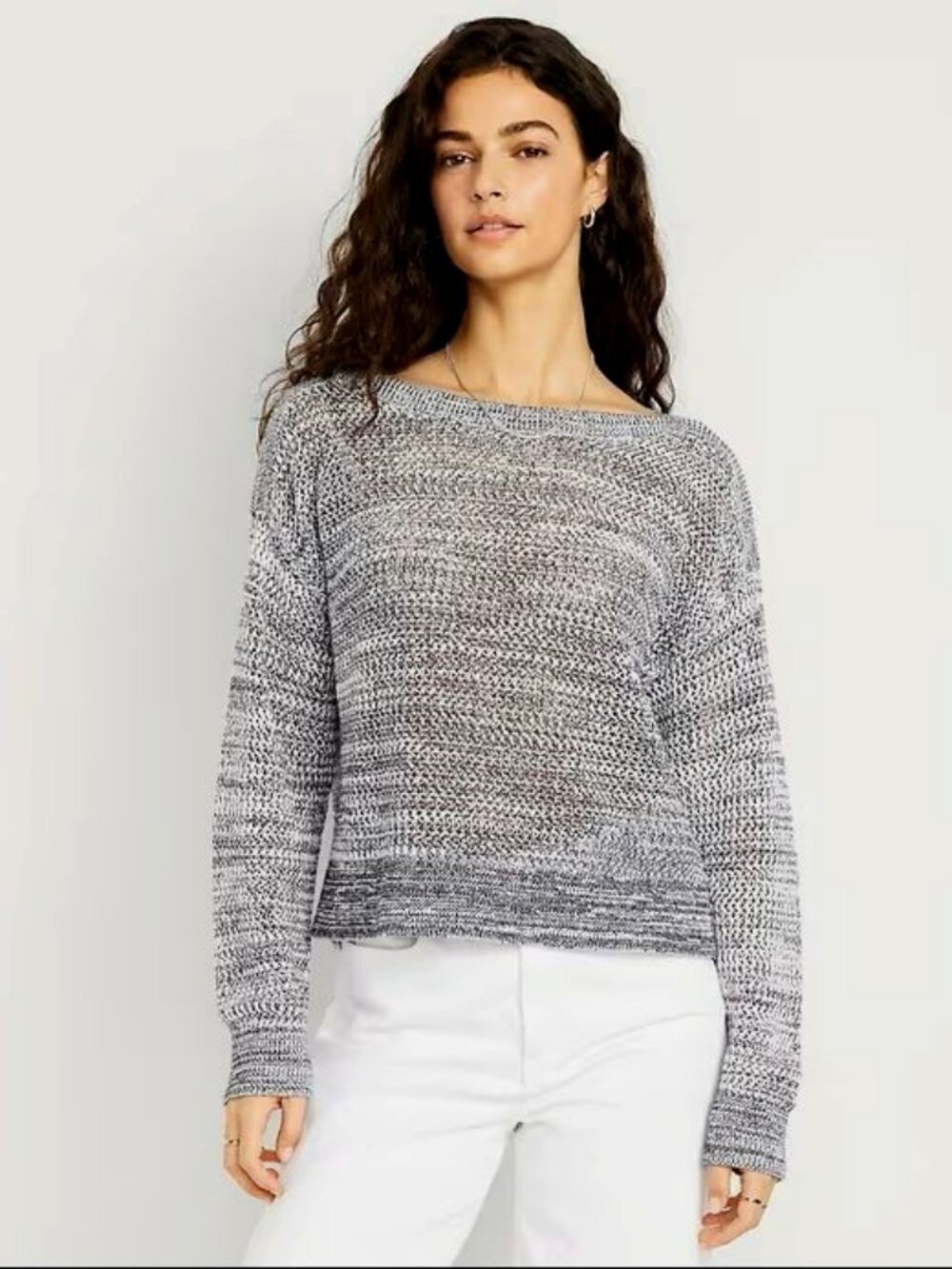 Old Navy Sweater Women's Marled Open Knit Boat Neck Black White - Large